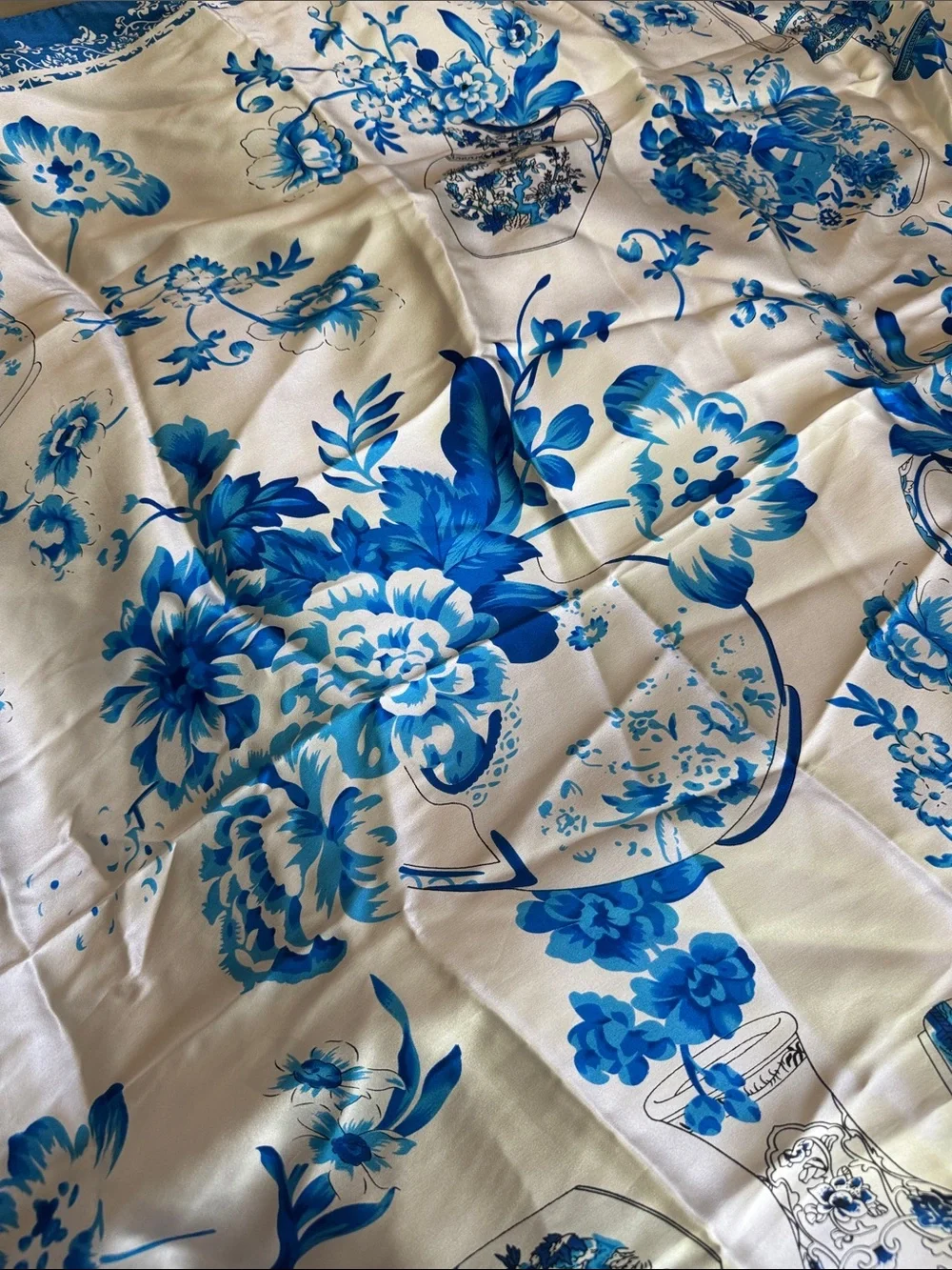 100% Silk Chinoiserie Scarf Blue & White Porcelain Print